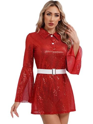 iEFiEL Damen Hippie Kostüm 60er 70er Kleid Disco Kleider mit Pailletten Hippie Kleidung Silber Trompetenärmel Minikleid Karneval Fasching Kostüm Party Clubwear Rot 4XL iEFiEL Damen Hippie Kostüm 60er 70er Kleid Disco Kleider mit Pailletten Hippie Kleidung Silber Trompetenärmel Minikleid Karneval Fasching Kostüm Party Clubwear Rot 4XL von iEFiEL