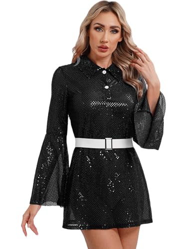 iEFiEL Damen Hippie Kostüm 60er 70er Kleid Disco Kleider mit Pailletten Hippie Kleidung Silber Trompetenärmel Minikleid Karneval Fasching Kostüm Party Clubwear Schwarz XXL von iEFiEL
