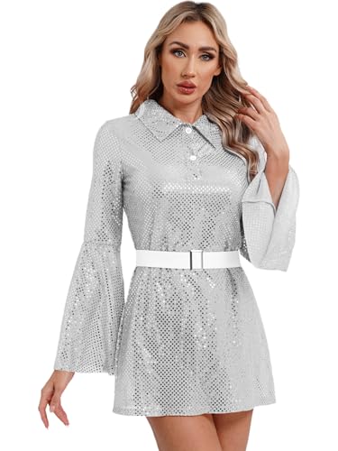 iEFiEL Damen Hippie Kostüm 60er 70er Kleid Disco Kleider mit Pailletten Hippie Kleidung Silber Trompetenärmel Minikleid Karneval Fasching Kostüm Party Clubwear Silber XXL iEFiEL Damen Hippie Kostüm 60er 70er Kleid Disco Kleider mit Pailletten Hippie Kleidung Silber Trompetenärmel Minikleid Karneval Fasching Kostüm Party Clubwear Silber XXL von iEFiEL