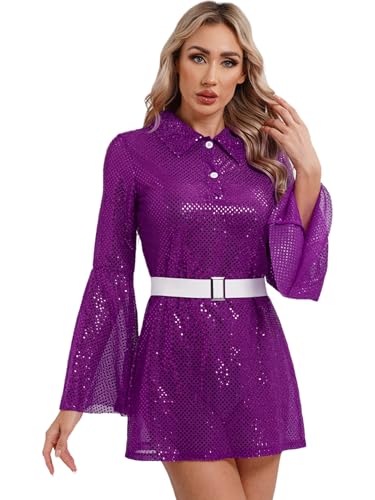 iEFiEL Damen Hippie Kostüm 60er 70er Kleid Disco Kleider mit Pailletten Hippie Kleidung Silber Trompetenärmel Minikleid Karneval Fasching Kostüm Party Clubwear Violett XXL iEFiEL Damen Hippie Kostüm 60er 70er Kleid Disco Kleider mit Pailletten Hippie Kleidung Silber Trompetenärmel Minikleid Karneval Fasching Kostüm Party Clubwear Violett XXL von iEFiEL