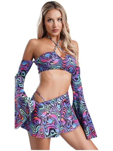 iEFiEL Damen Hippie Kostüm Set Zeitreise Kostüm Ausgestellte Lange Ärmel Crop Tops mit Mini Rock und Tanga Rave Outfits Disco Clubwear Karneval Fasching Kostüm Typ A XXL von iEFiEL