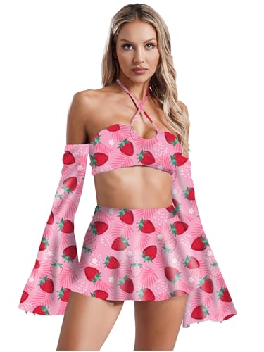 iEFiEL Damen Hippie Kostüm Set Zeitreise Kostüm Ausgestellte Lange Ärmel Crop Tops mit Mini Rock und Tanga Rave Outfits Disco Clubwear Karneval Fasching Kostüm Typ B M von iEFiEL
