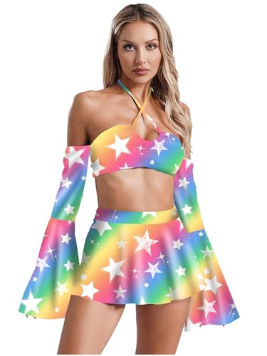 iEFiEL Damen Hippie Kostüm Set Zeitreise Kostüm Ausgestellte Lange Ärmel Crop Tops mit Mini Rock und Tanga Rave Outfits Disco Clubwear Karneval Fasching Kostüm Typ C XXL von iEFiEL