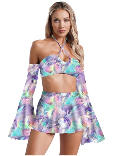 iEFiEL Damen Hippie Kostüm Set Zeitreise Kostüm Ausgestellte Lange Ärmel Crop Tops mit Mini Rock und Tanga Rave Outfits Disco Clubwear Karneval Fasching Kostüm Typ D XXL von iEFiEL