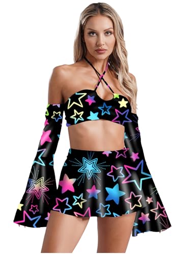 iEFiEL Damen Hippie Kostüm Set Zeitreise Kostüm Ausgestellte Lange Ärmel Crop Tops mit Mini Rock und Tanga Rave Outfits Disco Clubwear Karneval Fasching Kostüm Typ E XXL von iEFiEL