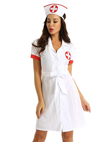 iEFiEL Damen Krankenschwester Kostüm Kleid Ärztin Mantel Uniform Versuchung Rollenspiele Halloween Karneval Fasching Kostüm Weiß M von iEFiEL