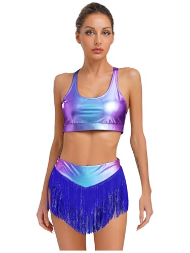 iEFiEL Damen Metallic Ärmellose Crop Tops mit Fransen Shorts U-Ausschnitt Tanktop Rückenfrei Latein Tanzkostüm Rave Outfit Clubwear Blau L von iEFiEL