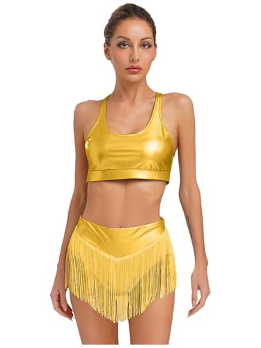 iEFiEL Damen Metallic Ärmellose Crop Tops mit Fransen Shorts U-Ausschnitt Tanktop Rückenfrei Latein Tanzkostüm Rave Outfit Clubwear Gold XL von iEFiEL