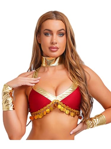 iEFiEL Damen Metallic Bauchtanz Crop Top und Armband Ägyptische Königin Kostüm Halloween Cosplay Rave Party Karnevalskostüm Burgundy M iEFiEL Damen Metallic Bauchtanz Crop Top und Armband Ägyptische Königin Kostüm Halloween Cosplay Rave Party Karnevalskostüm Burgundy M von iEFiEL