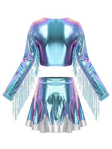 iEFiEL Damen Metallic Glitzer Disco Kostüm 2-teiliges Langarm Crop Top mit Fransen und A-linie Minirock Rave Party Clubwear Karnevalskostüm Blau M iEFiEL Damen Metallic Glitzer Disco Kostüm 2-teiliges Langarm Crop Top mit Fransen und A-linie Minirock Rave Party Clubwear Karnevalskostüm Blau M von iEFiEL