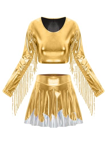iEFiEL Damen Metallic Glitzer Disco Kostüm 2-teiliges Langarm Crop Top mit Fransen und A-linie Minirock Rave Party Clubwear Karnevalskostüm Gold S iEFiEL Damen Metallic Glitzer Disco Kostüm 2-teiliges Langarm Crop Top mit Fransen und A-linie Minirock Rave Party Clubwear Karnevalskostüm Gold S von iEFiEL
