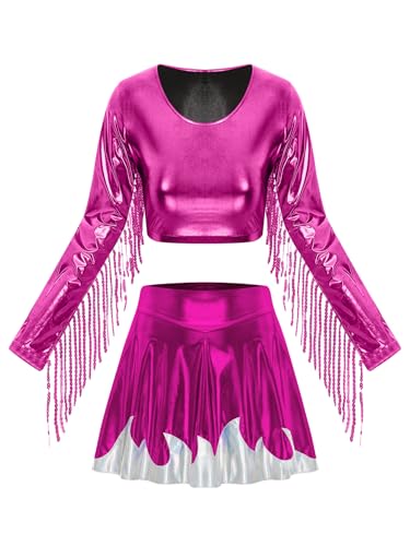 iEFiEL Damen Metallic Glitzer Disco Kostüm 2-teiliges Langarm Crop Top mit Fransen und A-linie Minirock Rave Party Clubwear Karnevalskostüm Hot Pink XXL iEFiEL Damen Metallic Glitzer Disco Kostüm 2-teiliges Langarm Crop Top mit Fransen und A-linie Minirock Rave Party Clubwear Karnevalskostüm Hot Pink XXL von iEFiEL