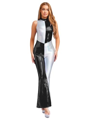 iEFiEL Damen Metallic Glitzer Disco Kostüm 70er Jahre Ärmellose Jumpsuit mit Schlaghosen Metallic Patchwork Bodysuit Karneval Fasching Clubwear Schwarz XXL iEFiEL Damen Metallic Glitzer Disco Kostüm 70er Jahre Ärmellose Jumpsuit mit Schlaghosen Metallic Patchwork Bodysuit Karneval Fasching Clubwear Schwarz XXL von iEFiEL