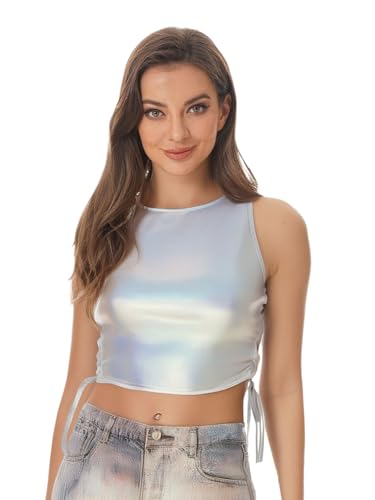iEFiEL Damen Metallic Glitzer Tanktop mit Seiten Schnürung Crop Top Trägerlos Festivals Party Disco Tanz Outfit Clubwear Karnevalskostüm Holografisches Silber XL iEFiEL Damen Metallic Glitzer Tanktop mit Seiten Schnürung Crop Top Trägerlos Festivals Party Disco Tanz Outfit Clubwear Karnevalskostüm Holografisches Silber XL von iEFiEL