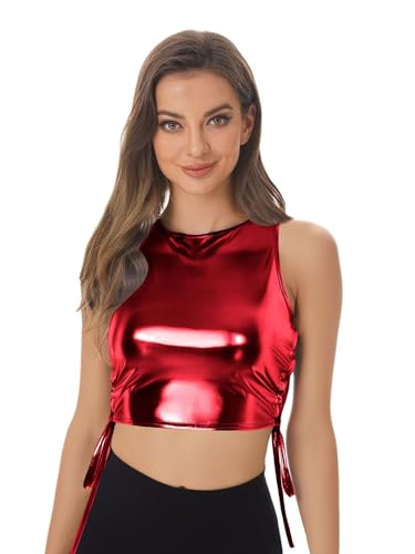 iEFiEL Damen Metallic Glitzer Tanktop mit Seiten Schnürung Crop Top Trägerlos Festivals Party Disco Tanz Outfit Clubwear Karnevalskostüm Rot L von iEFiEL