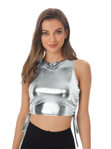 iEFiEL Damen Metallic Glitzer Tanktop mit Seiten Schnürung Crop Top Trägerlos Festivals Party Disco Tanz Outfit Clubwear Karnevalskostüm Silber XXL iEFiEL Damen Metallic Glitzer Tanktop mit Seiten Schnürung Crop Top Trägerlos Festivals Party Disco Tanz Outfit Clubwear Karnevalskostüm Silber XXL von iEFiEL