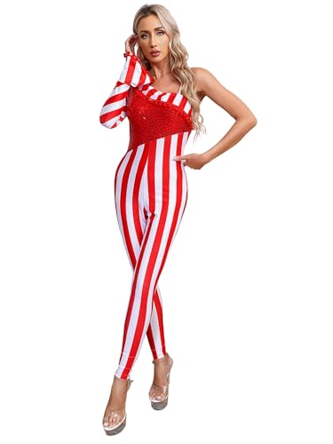 iEFiEL Damen Weihnachtskostüm Zuckerstangen Kostüm Langarm Overall Candy Cane Jumpsuit Eng Stretch Ganzkörperanzug Rot XL von iEFiEL