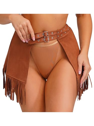 iEFiEL Damen Western Faux Leder Rock Mini Fransenrock mit Doppelverschluss 70er Disco Tanzrock Clubwear Rave Party Pole Dance Karnevalskostüm Braun XL von iEFiEL