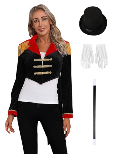 iEFiEL Damen Zirkus Kostüm Set Handschuhen Hut Zauberstab Zirkusdirektor Jack Parade Frack Showman Rollenspiel Cosplay Karneval Schwarz XXL iEFiEL Damen Zirkus Kostüm Set Handschuhen Hut Zauberstab Zirkusdirektor Jack Parade Frack Showman Rollenspiel Cosplay Karneval Schwarz XXL von iEFiEL