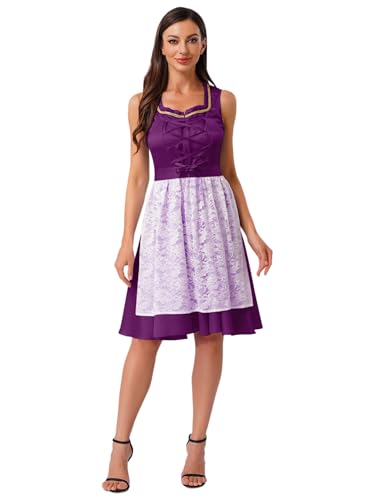iEFiEL Dirndl Damen Midi Trachtenkleid Halloween Oktoberfest Kostüme Dirndlkleid mit Spitze Dienstmädchen Kostüm Cosplay Karnevalskostüm Violett S von iEFiEL