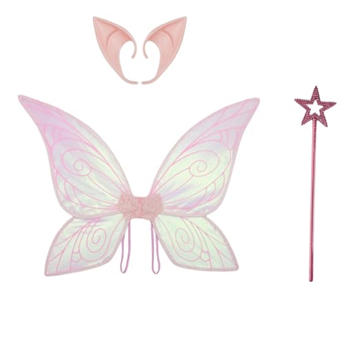 iEFiEL Feen Kostüm Set Mit Durchsichtigen Feenflügeln Elfenohren Sternförmigem Feenstab Für Halloween Fancy Dress Rosa Einheitsgröße von iEFiEL