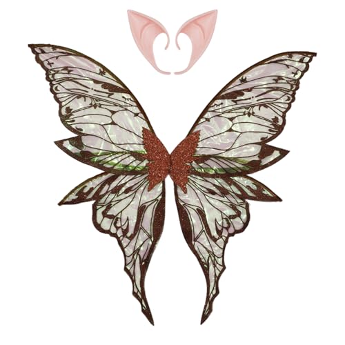 iEFiEL Frauen Mädchen Blume Fee Gold Stempel Flügel Schmetterling Flügel mit Elf Ohren für Themed Party Braun One Size von iEFiEL