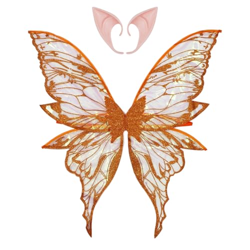 iEFiEL Frauen Mädchen Blume Fee Gold Stempel Flügel Schmetterling Flügel mit Elf Ohren für Themed Party Orange One Size von iEFiEL