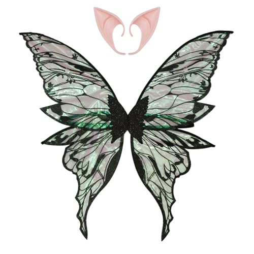 iEFiEL Frauen Mädchen Blume Fee Gold Stempel Flügel Schmetterling Flügel mit Elf Ohren für Themed Party Schwarz One Size von iEFiEL