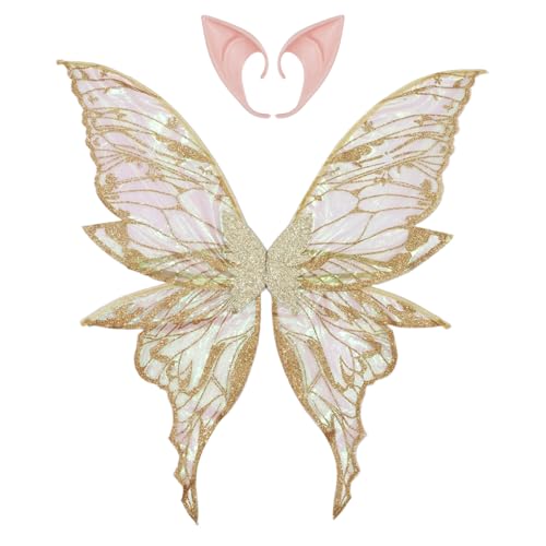 iEFiEL Frauen Mädchen Blume Fee Gold Stempel Flügel Schmetterling Flügel mit Elf Ohren für Themed Party Sekt One Size iEFiEL Frauen Mädchen Blume Fee Gold Stempel Flügel Schmetterling Flügel mit Elf Ohren für Themed Party Sekt One Size von iEFiEL