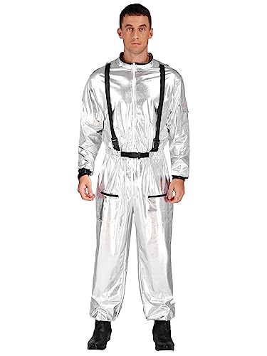 iEFiEL Herren Astronauten Kostüm Erwachsene Kostüm Astronaut Metallic Jumpsuit Weltall Raumfahrer Overall Karneval Fasching Silber Herren 3XL von iEFiEL