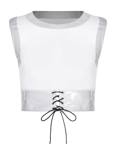 iEFiEL Herren Durchsichtiger Netz Crop Top mit Bandage Ärmellose Bauchfreie Oberteile Lack Leder Tanktop Karneval Clubwear Silber L von iEFiEL