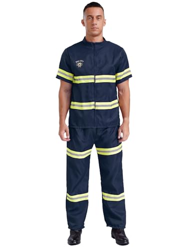 iEFiEL Herren Feuerwehrmann Kostüm Feuerwehr Uniform Halloweem Mottoparty Bekleidung Set Feuerwehrhelm Jacke und Lang Hosen Gürtel Navyblau L von iEFiEL