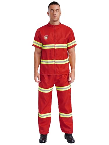 iEFiEL Herren Feuerwehrmann Kostüm Feuerwehr Uniform Halloweem Mottoparty Bekleidung Set Feuerwehrhelm Jacke und Lang Hosen Gürtel Rot S von iEFiEL
