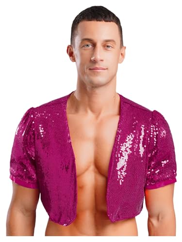 iEFiEL Herren Glitzer Pailletten Crop Tops Vintage Bauchfreie Oberteile V-Ausschnitt Kurzarm Top 60er 70er Jahre Disco Kostüm Karneval Nachtclubs Hot Pink L von iEFiEL