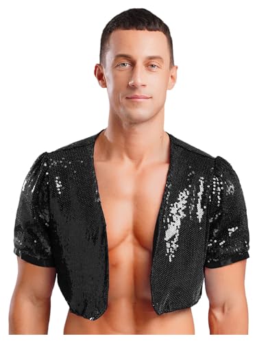 iEFiEL Herren Glitzer Pailletten Crop Tops Vintage Bauchfreie Oberteile V-Ausschnitt Kurzarm Top 60er 70er Jahre Disco Kostüm Karneval Nachtclubs Schwarz 3XL von iEFiEL
