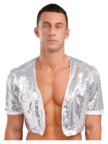 iEFiEL Herren Glitzer Pailletten Crop Tops Vintage Bauchfreie Oberteile V-Ausschnitt Kurzarm Top 60er 70er Jahre Disco Kostüm Karneval Nachtclubs Silber XXL von iEFiEL