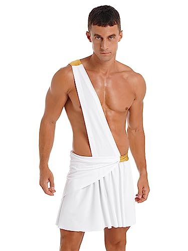 iEFiEL Herren Griechischer Gott Kostüm Römische Krieger Cosplay Kostüme für Halloween Fasching Mottoparty Verkleidung Ein-Schulter Mankini mit Minirock Weiß M von iEFiEL