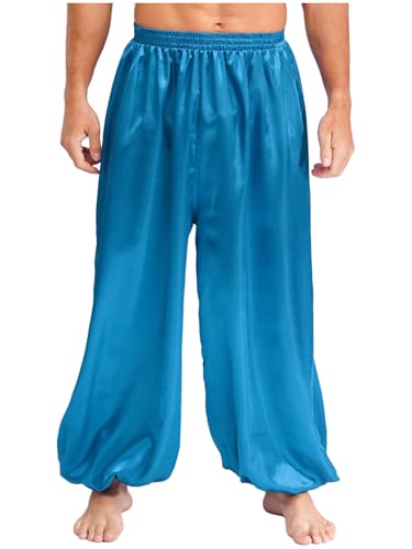 iEFiEL Herren Haremshose Araber Prinz Kostüm Pumphose Satin Baggy Hose Hippie Hose Tanzhose Karneval Fasching Kostüm Hellblau XL von iEFiEL
