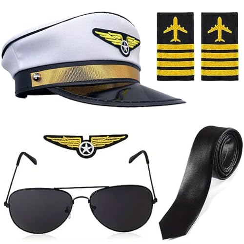 iEFiEL Herren Kapitän Matrosen Kostüm Set Pilotenhut mit Sonnenbrille Krawatte Schulterklappen Pilot Kapitän Cosplay Mottoparty Fasching Typ D One Size von iEFiEL