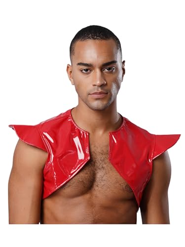 iEFiEL Herren Lack Leder Shrug Ärmellos Crop Top Offene Front Schulter Rüstung Weste Cosplay Set Halloween Karnevalskostüm Rot XL von iEFiEL