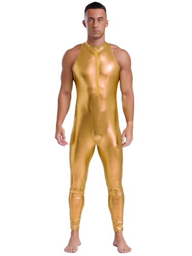 iEFiEL Herren Metallic Overall Ärmellose Ganzanzug Rückenfrei Body Lederlook Bodysuit Halloween Karneval Kostüm Rave Clubwear Gold L von iEFiEL