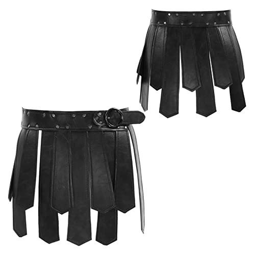 iEFiEL Herren Mittelalterlich Quastenrock Gladiatoren Rock Krieger PU-Leder Taillengürtel Schottland Rock Wetlook Kilt Rock Halloween Karneval Cosplay Fasching Schwarz A One Size von iEFiEL