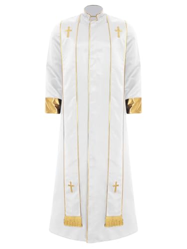 iEFiEL Herren Muslimisches Robe Lang Arabisch Dubai Kostüm mit Stehkragen Halsumfang Kirche Langarm Robe Halloween Cosplay Karneval Kostüm Weiß L von iEFiEL