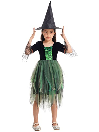 iEFiEL Hexenkostüm für Mädchen Komplette Kostüm Kinder Halloween Kostüm Set Cosplay Glitzer Hexenkleid mit Hut & Zauberstab Candytasche Y Grün + Schwarz 92-98 von iEFiEL