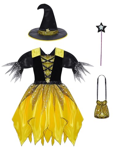 iEFiEL Hexenkostüm für Mädchen Komplette Kostüm Kinder Halloween Kostüm Set Cosplay Glitzer Hexenkleid mit Hut & Zauberstab Candytasche Za Gelb 164-170 von iEFiEL