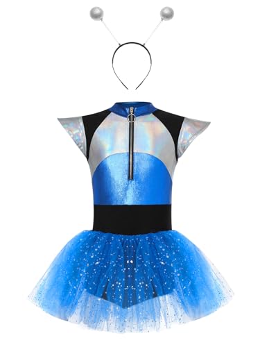 iEFiEL Mädchen Alien Kostüm Astronaut Fschingskostüm Space Girl Kinderkostüm Metallic Minikleid Cheerleading Tanzkostüm X Blau A 158-164 von iEFiEL