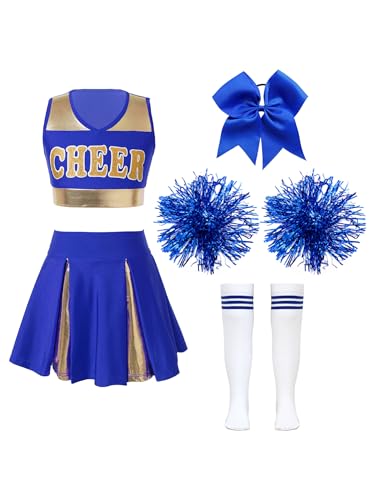 iEFiEL Mädchen Cheer Leader Kostüm 3-teiliges Ärmellose Tanztop Minirock Socken Kopfbedeckung Pompons Schulmädchen Uniform Halloween Faschingskostüm B Blau 146-152 iEFiEL Mädchen Cheer Leader Kostüm 3-teiliges Ärmellose Tanztop Minirock Socken Kopfbedeckung Pompons Schulmädchen Uniform Halloween Faschingskostüm B Blau 146-152 von iEFiEL