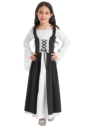iEFiEL Mädchen Mittelalter Kostüm mit Schnürung Renaissance Kleidung Kinder Dirndl Trachtenkleid für Oktoberfest Halloween Fasching Kostüme Verkleidung Schwarz 158-164 von iEFiEL