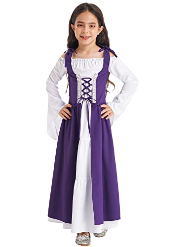 iEFiEL Mädchen Mittelalter Kostüm mit Schnürung Renaissance Kleidung Kinder Dirndl Trachtenkleid für Oktoberfest Halloween Fasching Kostüme Verkleidung Violett 158-164 von iEFiEL
