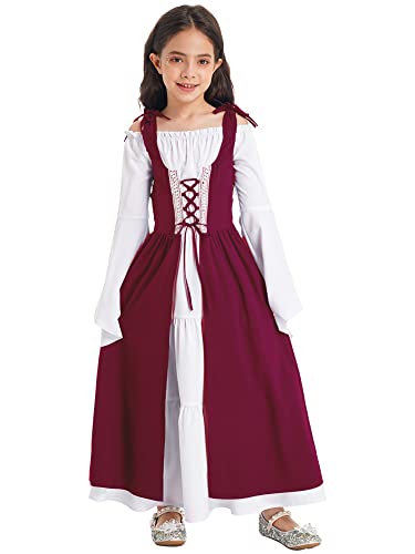 iEFiEL Mädchen Mittelalter Kostüm mit Schnürung Renaissance Kleidung Kinder Dirndl Trachtenkleid für Oktoberfest Halloween Fasching Kostüme Verkleidung Burgundy 110-116 von iEFiEL